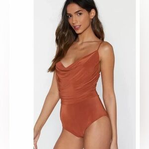 Nasty Gal Burnt Orange Slinky Body Suit NWT Size 4 Rust Cowl Can I Forget New